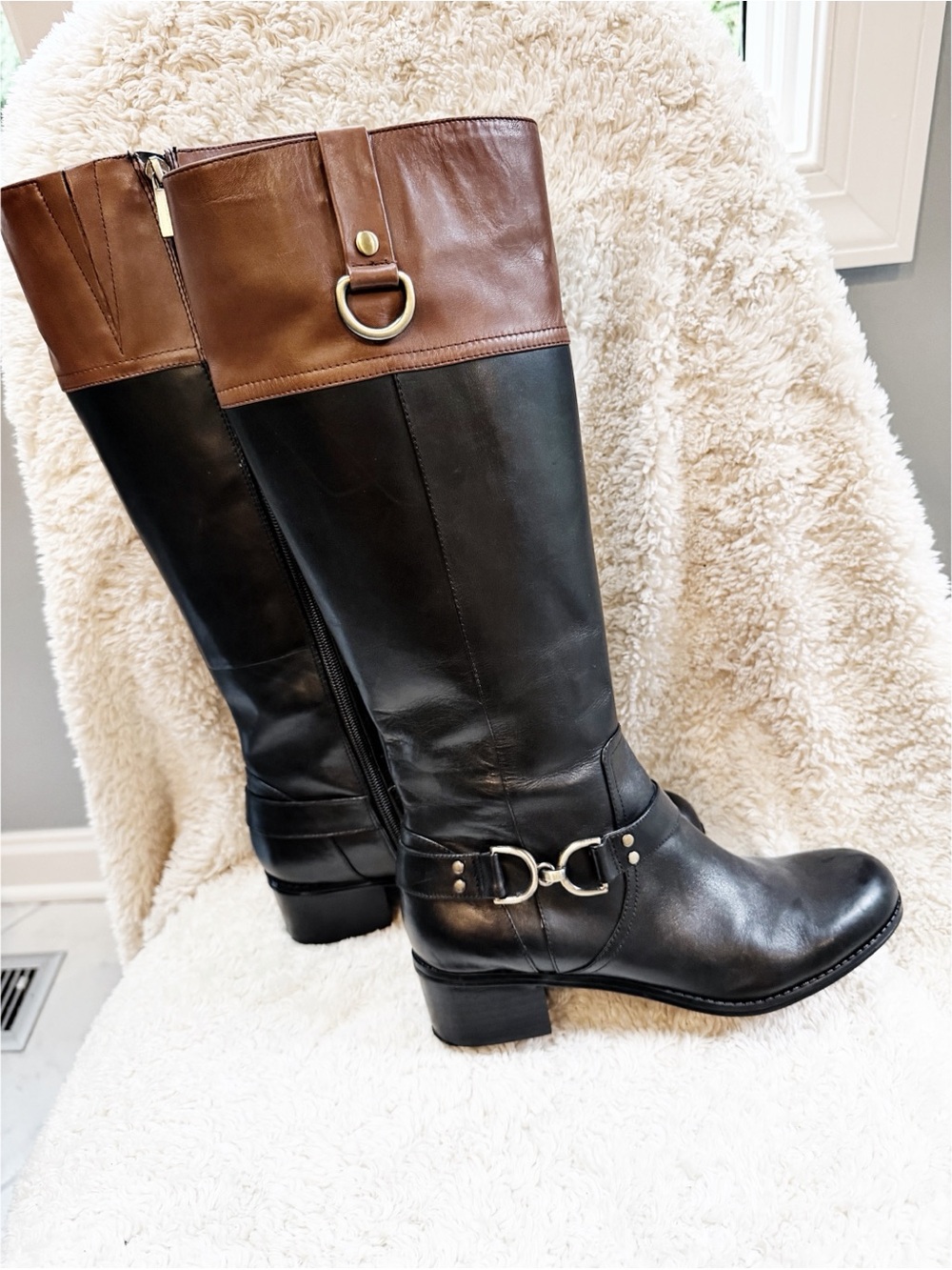 NWOT Bandolino Black and Brown Riding Boots - Classic Two-Tone Leather Knee Boot